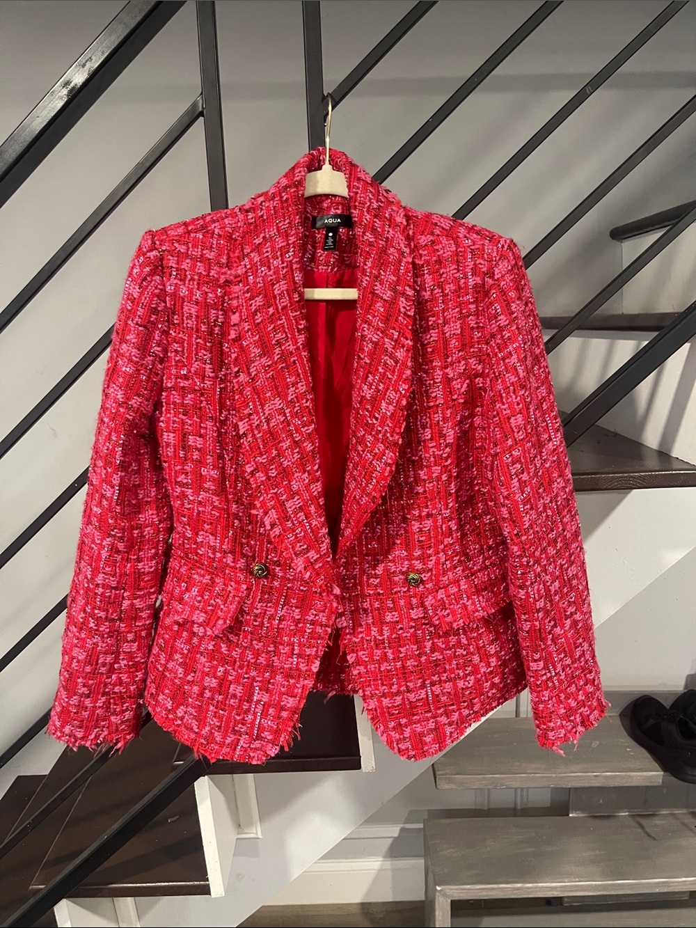 Aqua Double Breasted Tweed Blazer Tailored Multicolor Thread Accents Size Medium